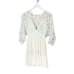 Ruby Sees Dress Women Size 8 White Lace Knit  Boho Gathered Tie Back Babydoll